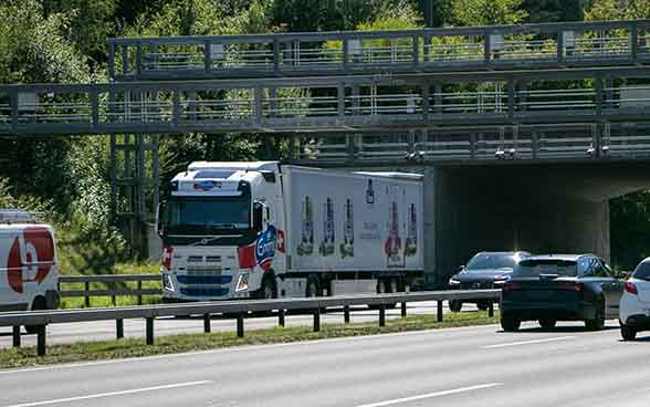 Lastwagen fahren unter einer Kontrollbrücke zur Erfassung der Leistungsabhängigen Schwerverkehrsabgabe durch.
